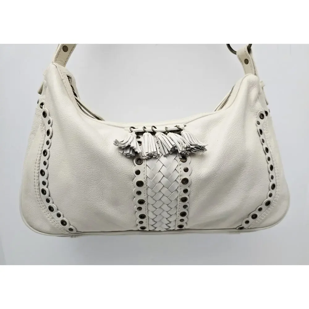 Wilsons Leather Hobo/Shoulder Bag Bronze Studs with Tassels Cream Purse Handbag